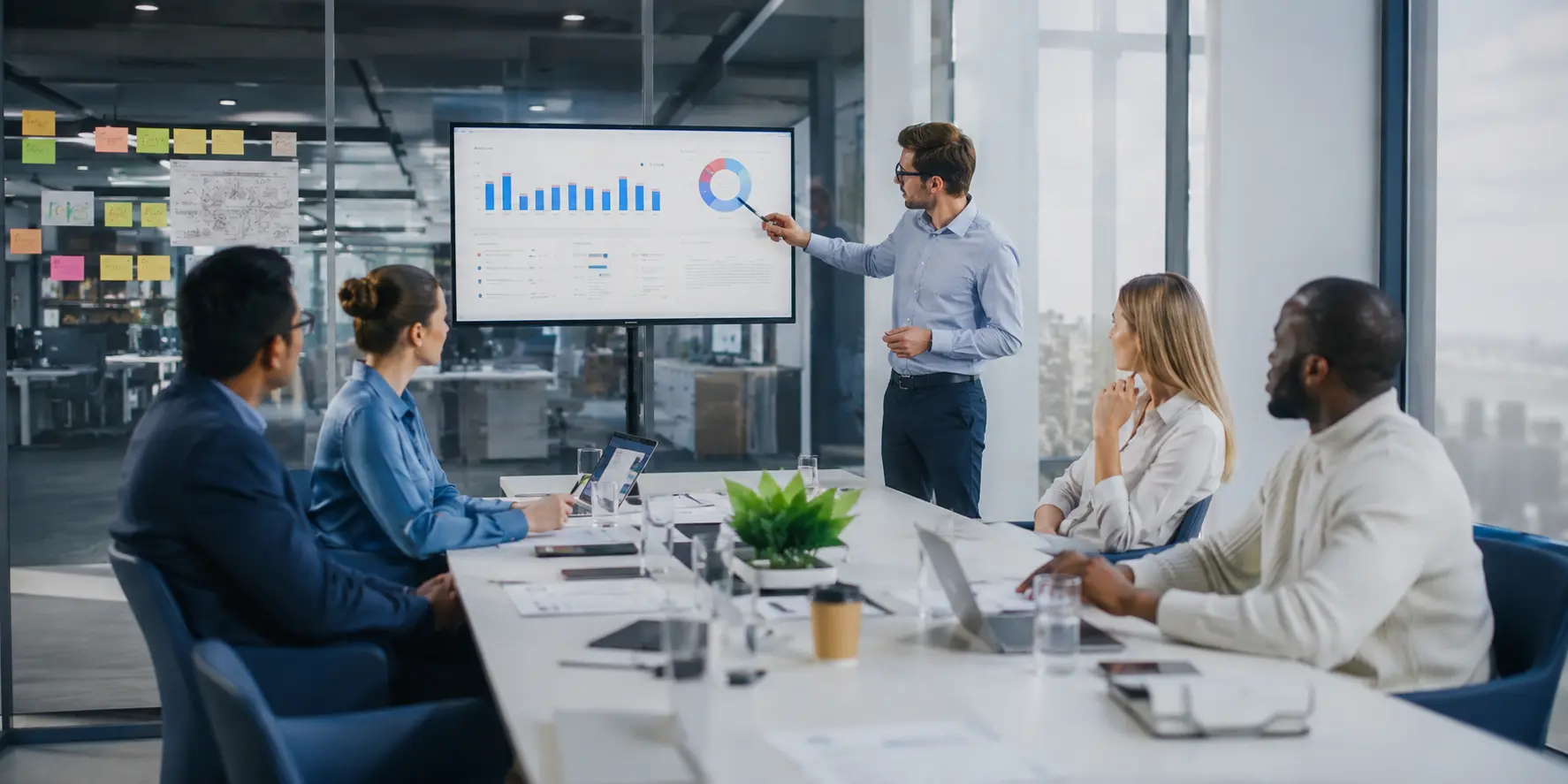 A team discussing work processes in an office