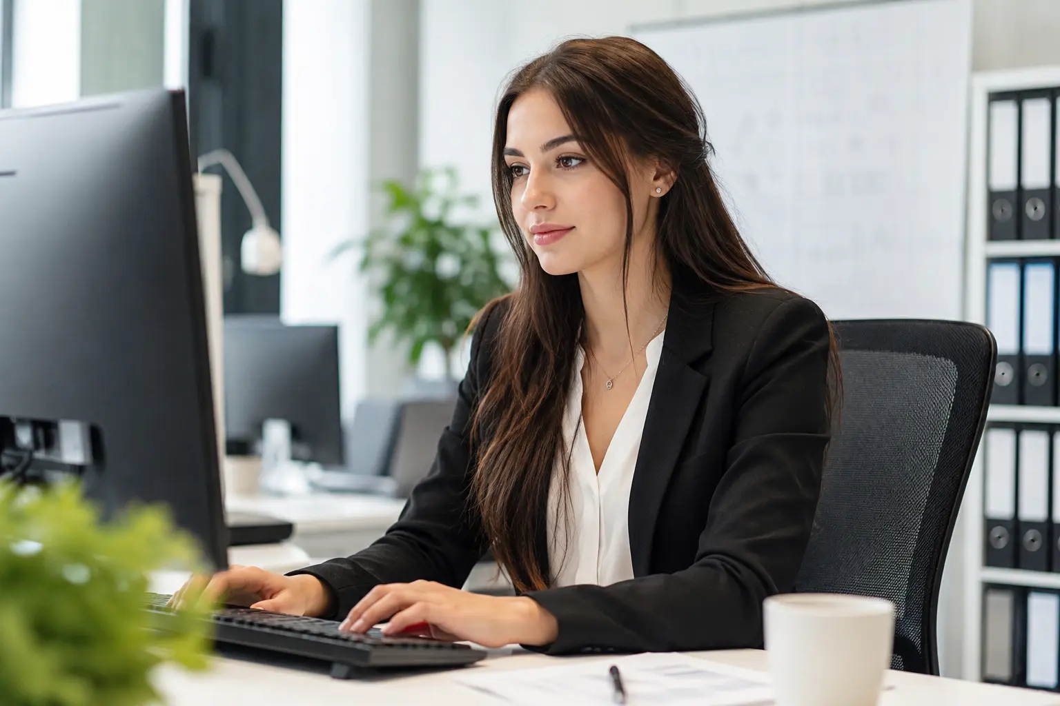 Manager die op kantoor achter een computer werkt